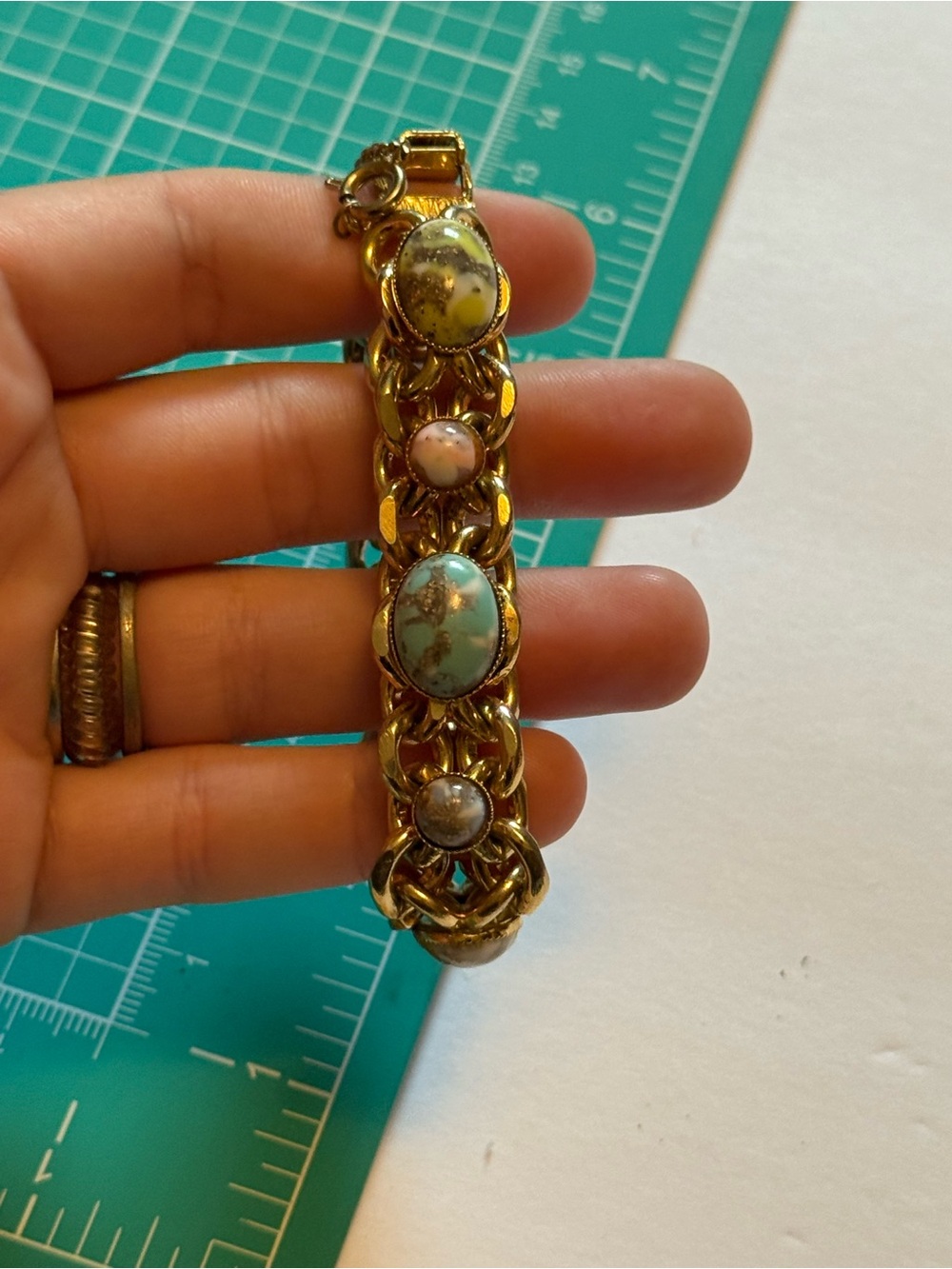 Victorian Revival gold-tone multi-stone cabochon link bracelet
